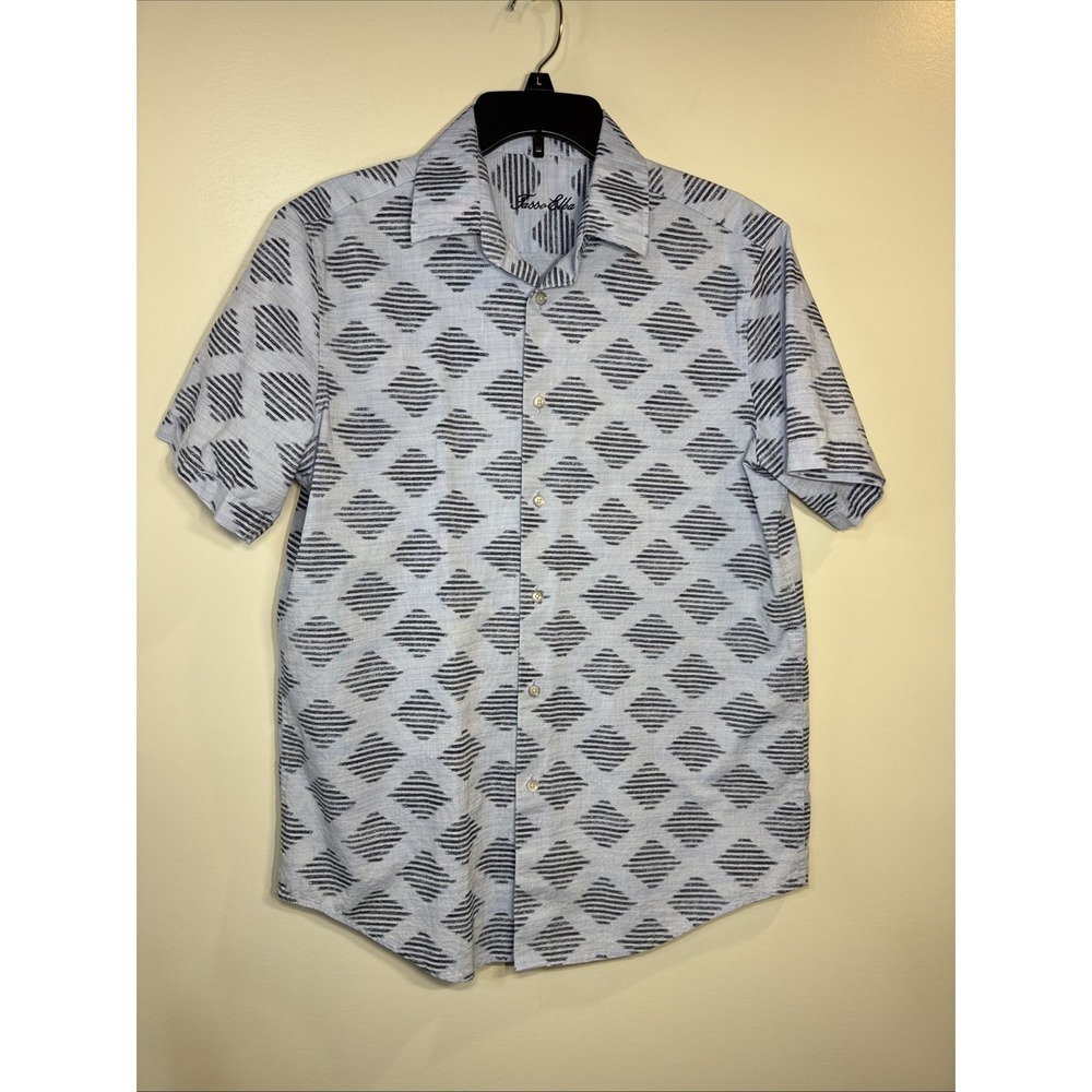 Tasso Elba Mens‎ Shirt Blue Diamond Pattern Short Sleeve Button Up Cotton